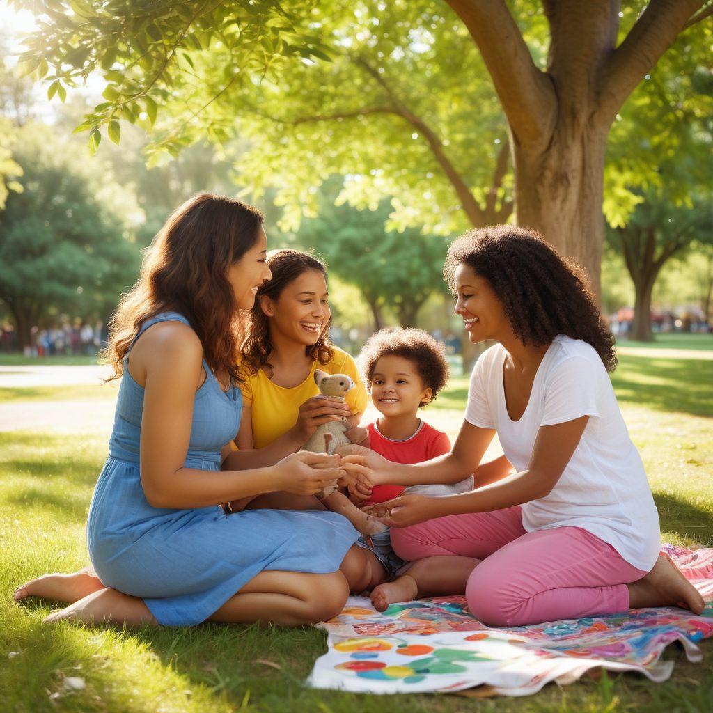 A warm and inviting scene depicting a diverse group of mothers engaging with their children in a park, highlighting the bond of maternal instincts. Surround them with vibrant foliage and a community of supportive friends, smiling and sharing experiences. Soft sunlight filters through the trees, casting gentle shadows, representing warmth and support. Include elements like children's drawings and toys scattered around to symbolize creativity and nurturing. super-realistic. vibrant colors. 3D.