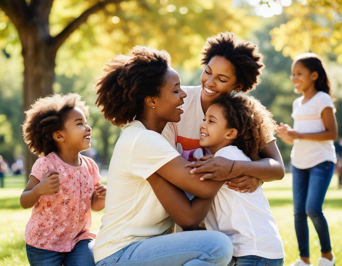 A heartwarming scene of a diverse group of mothers engaging in various activities with their children in a sunlit park, showcasing laughter, hugs, and playful interactions that symbolize strong bonds. In the foreground, a mother is gently hugging her child, while others are sharing stories or playing games. The background features colorful trees and vibrant flowers, creating an atmosphere of love and unity. soft focus. warm colors. bright and cheerful.