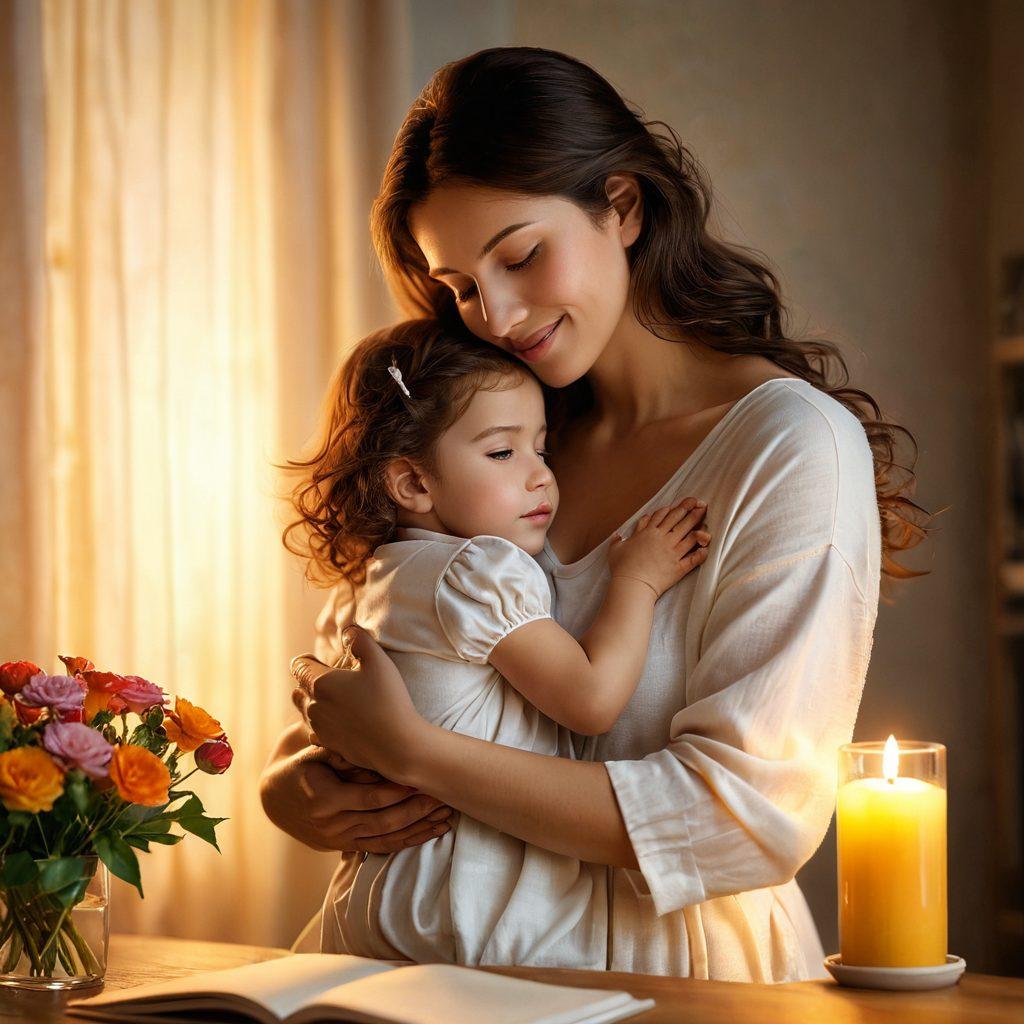 A warm, intimate scene of a mother embracing her child, surrounded by soft, glowing light, symbolizing love and connection. Include subtle depictions of family activities in the background, like playing and reading together. Emphasize the nurturing atmosphere with rich, warm colors that evoke feelings of safety and affection. Integrate delicate flower motifs to represent growth and care. super-realistic. vibrant colors. soft focus.